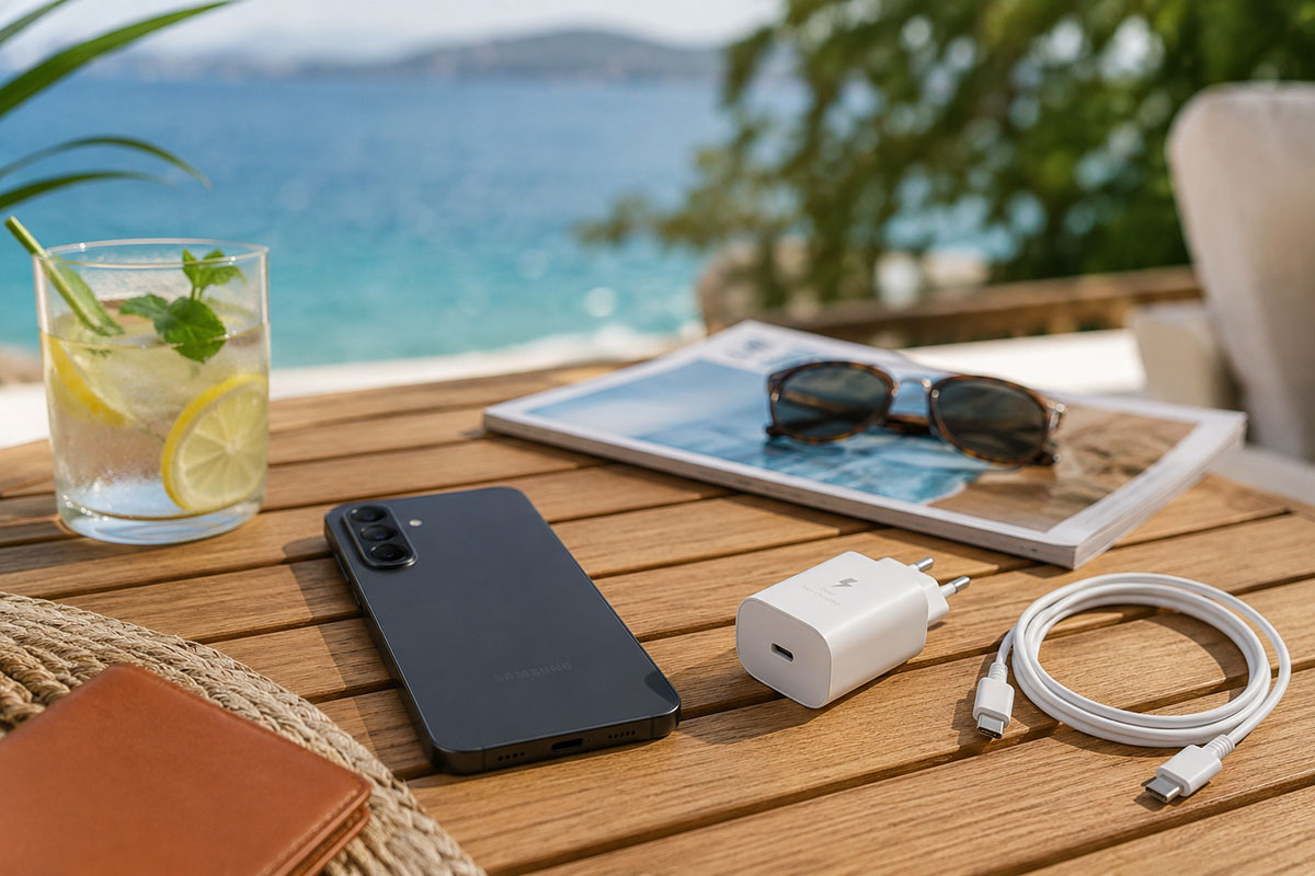 Samsung Galaxy A37 5G i Samsung 25W punjač u ljetnom ambijentu