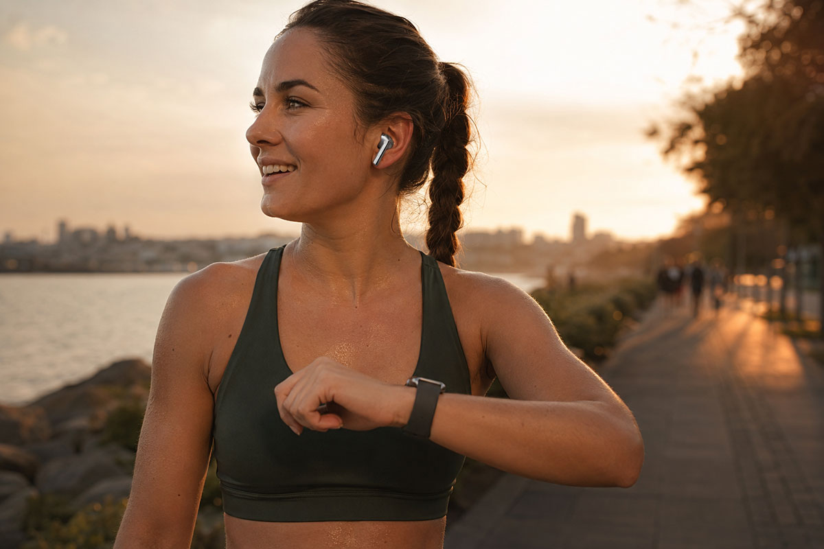 Samsung Galaxy Buds3 i Galaxy Fit3 tijekom treninga uz more