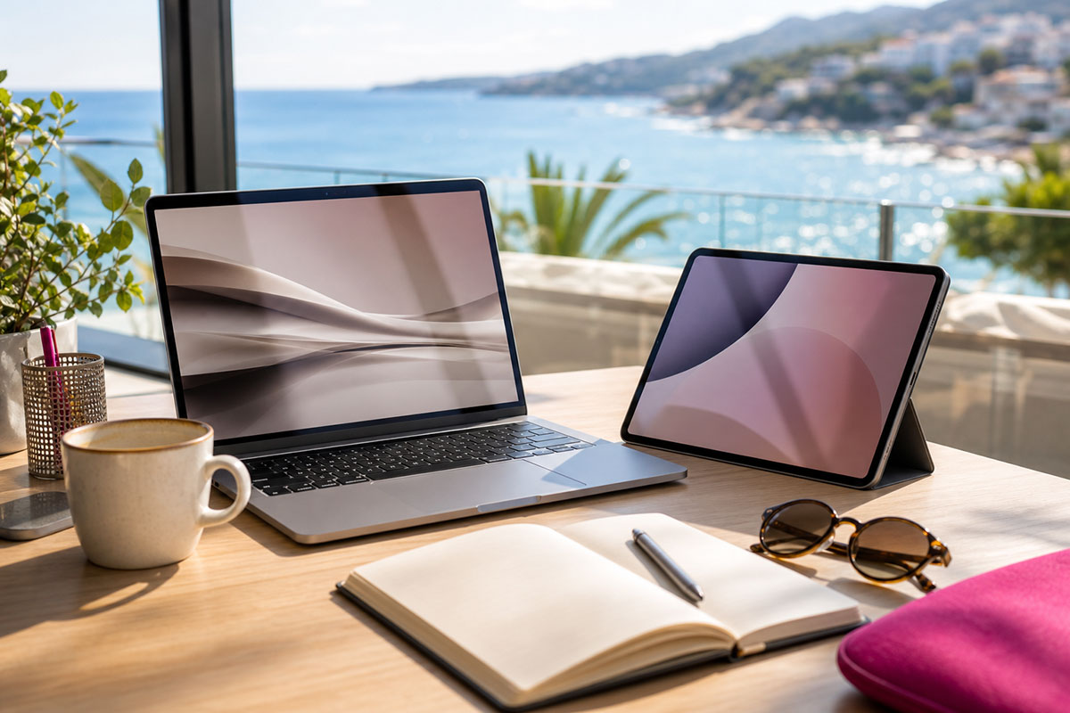 Laptop i tablet na modernom ljetnom radnom stolu