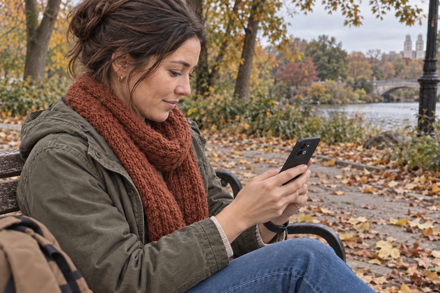 Žena na klupi u jesenskom parku koristi Redmi 17 i nosi Redmi Watch 6 Active