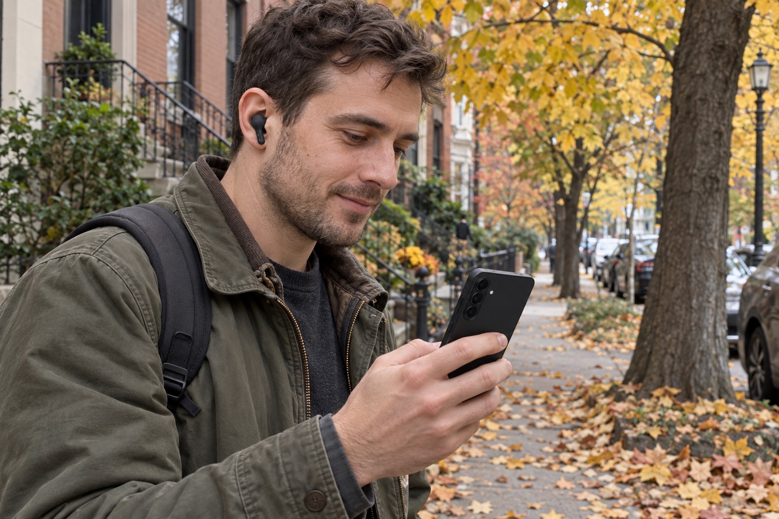 Muškarac u jesenskoj šetnji koristi Galaxy A37 5G i nosi crne Galaxy Buds4 Pro slušalice
