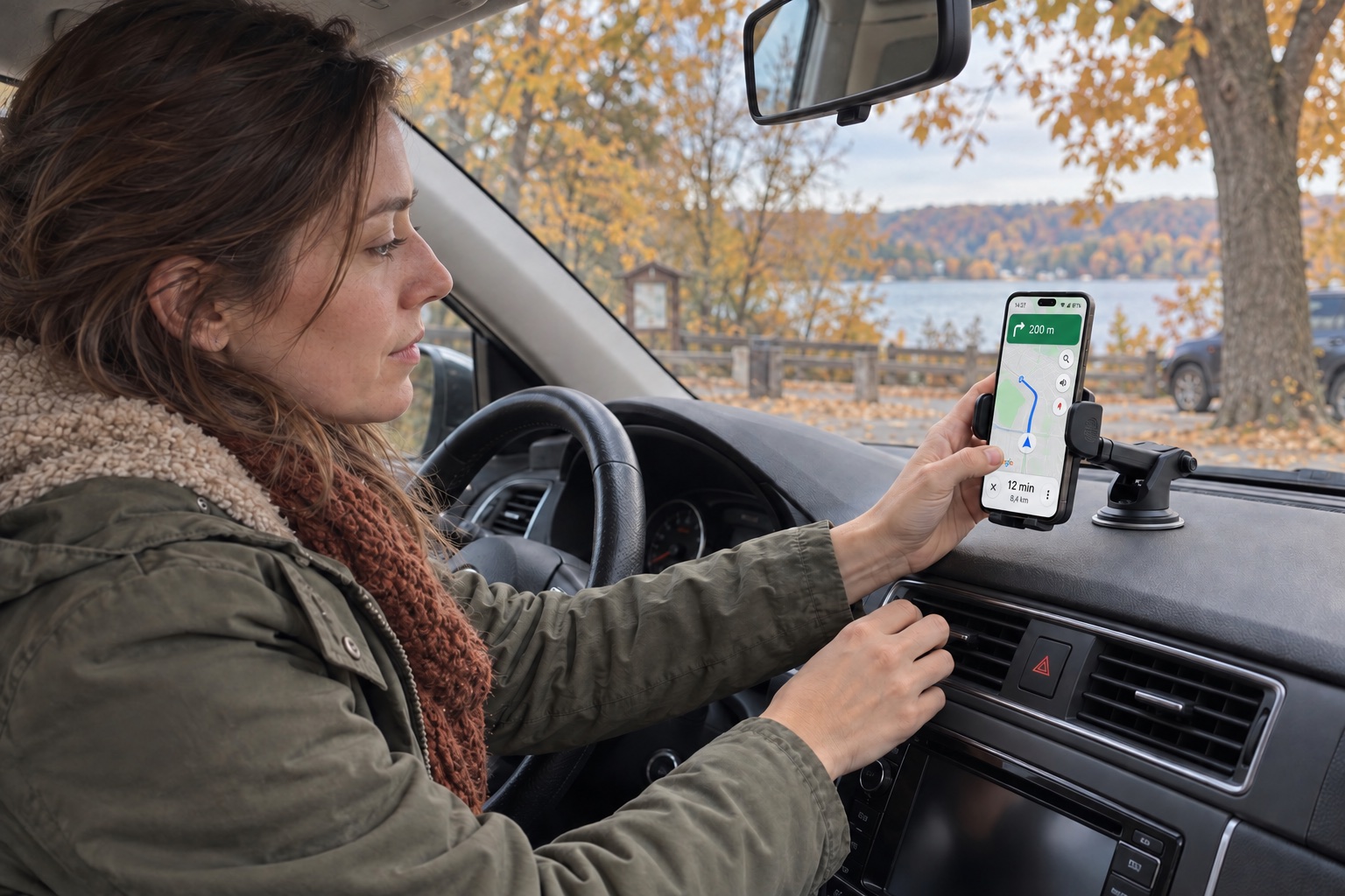 Žena u parkiranom automobilu namješta Honor 600 Lite s Google Maps navigacijom u Remax RM-C50 držaču, uz jesenski krajolik